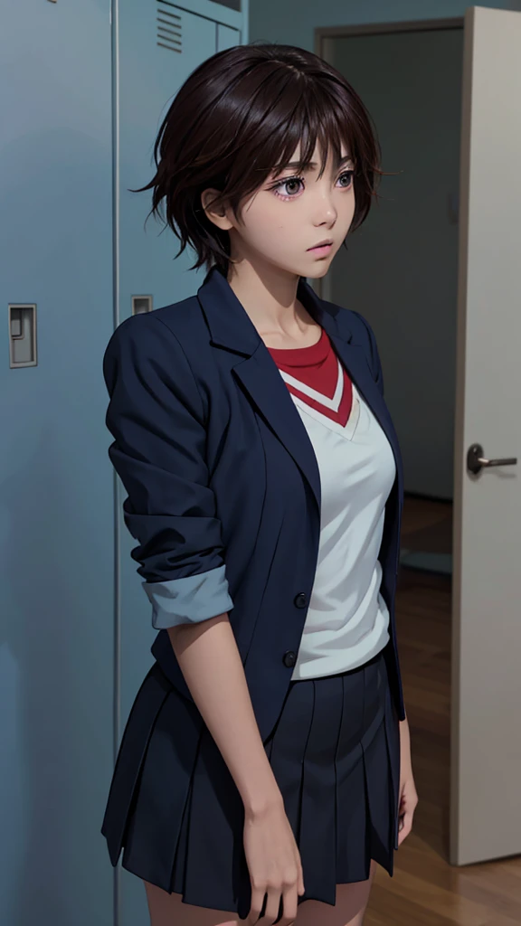 An anime-style illustration of a shocked young woman wearing a male school uniform, realizing she has transformed into a girl. She has short or messy hair, large expressive eyes, and a surprised or confused expression. Her hands are placed on her chest or inspecting her body in disbelief. The male school uniform (gakuran or blazer) looks slightly oversized or awkward on her new feminine body. Background shows a school locker room, a mirror, or a bedroom. Full-body or upper-body shot, detailed shading, soft lighting, expressive anime art style, dramatic and emotional moment.巨乳