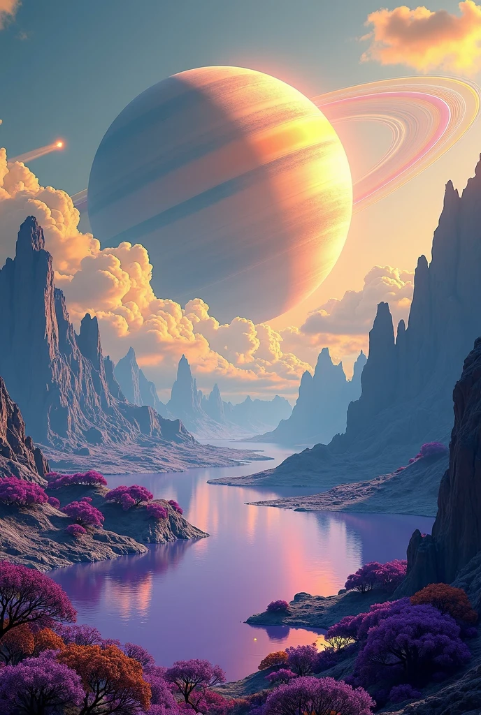 face, 8K ultra HD, Distant Saturn among yellow clouds, Purple-water lakes, alien trees and blue mountains with yellow clouds. Meteorites crossing the sky.