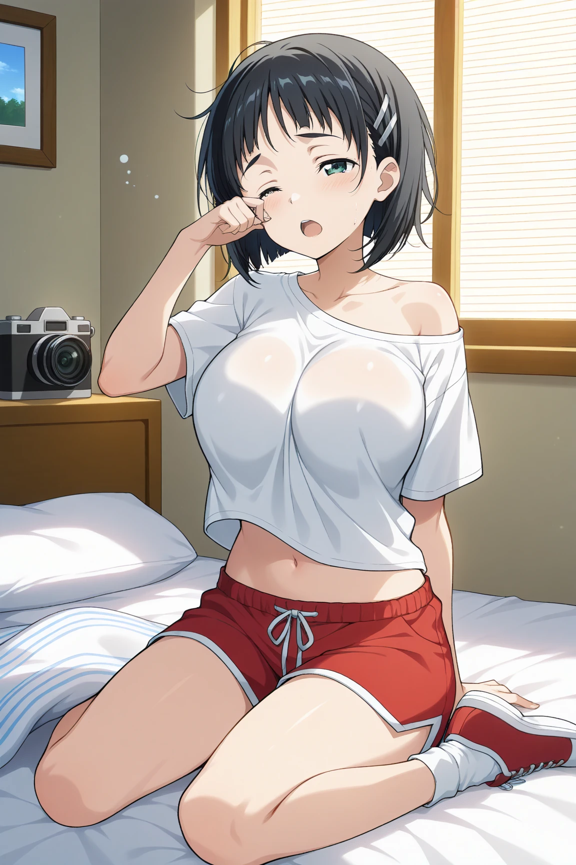 hiquality、16 K、NSFW、((huge chest head)),fatness、thick thighs、 (red eyes), blush,Short hair, bob cuts、(Black hair,Spread legs),(Arms behind your head),(Sweat)、despairing、(((I'm surprised)))、(nipples bulging)、((light blue striped panties))、white tee、Office room、Standing、Dynamic Angle、eye glasses