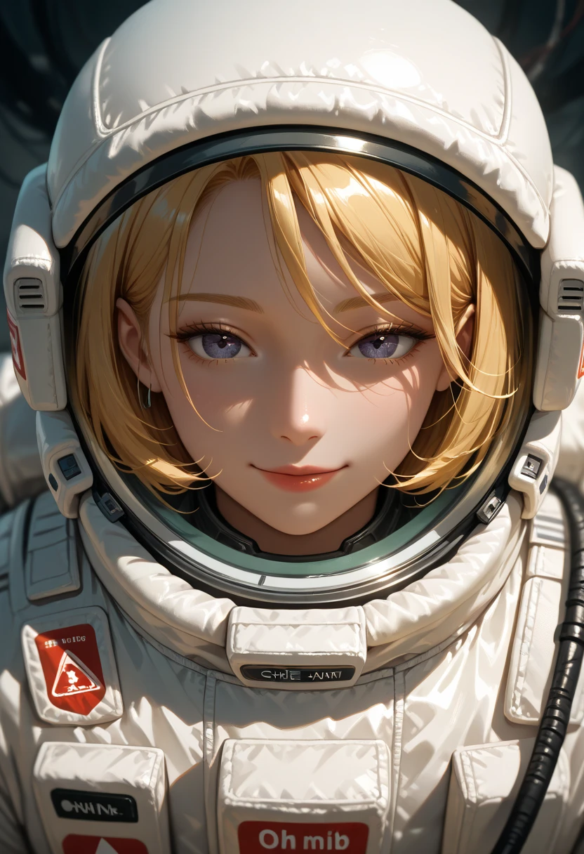 blonde woman , in the form of an astronaut, in big partially naked ,detailed eyes, she smiles, oh background blurred 
