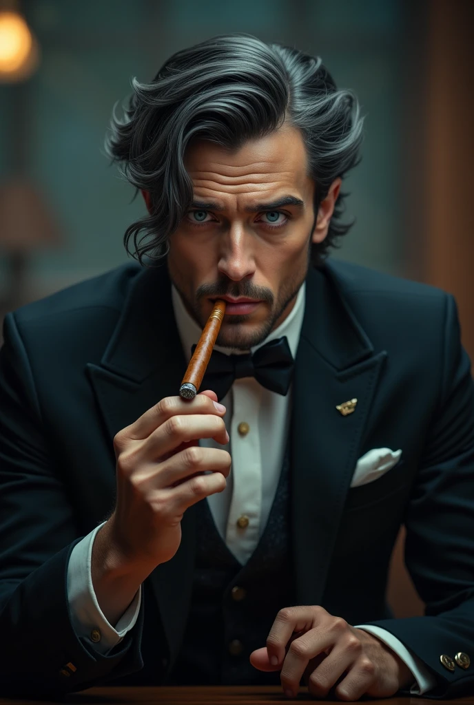 Baron with piercing blue eyes, dark hair with a small glimpse of gray hair. Dressed bohemian-style, in the hands of a cigar MAKE IT NOURISHED AND NOT WRINKLED