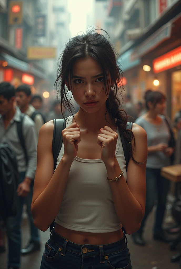 That she looks frustrated and with a lot of noise around her