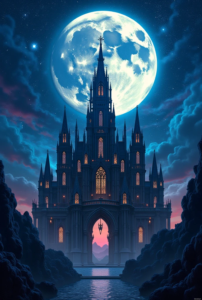Longiline Gothic mooncastle with pillars with the moon ,behind the castle the castle has colors ranging from blue to purple blue with golden details,Suspended in the Stars