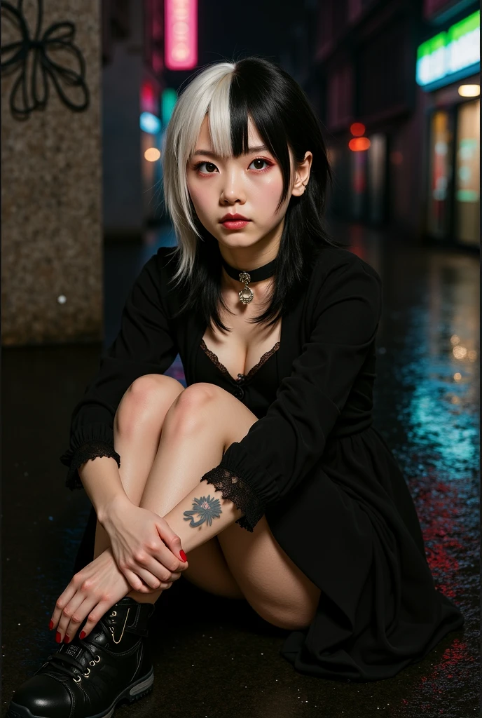 RAW Photos, 8k, (highest quality), Realistic, (live-action, Intricate details), (Natural skin texture, Detailed skin, Hyperrealism, Sharpness), (Japanese teenage girl standing in a dirty back alley at night, graffitied wall:1.3), ((Gray and black Jirai fashion:1.6)), (Pale skin:1.2), Slender body, ((Gray Hair, Straight long hair, Blunt bangs)), (Fascinating face, Provocative look, Lips parted:1.3, eye shadow, eyeliner, Tear bags, Red lipstick), thigh, graffiti:1.5, trash can, at night, Spot lighting:1.3