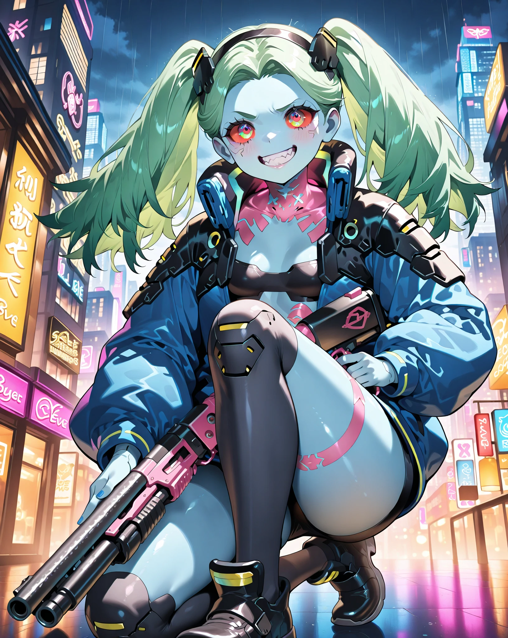 work of art, best qualityer, ultra detali, illustration, epic lighting, film composition, 1 girl, cute, red sclera,red pupils, cyborg, tatoo, hair green, colored fur, breasts small, Black jacke, standing, legs apart hands with black gloves with yellow details, lovely gaze, captivating pose, trunk:1.1, gazing at viewer, pretentious smile, cloused mouth, plein-air, citys, cyber punk, neon lights, Street, (natta, tenebrosa, tenebrosaness, tenebrosa como breu, eyeshadows:1.4), (8K:1.1),