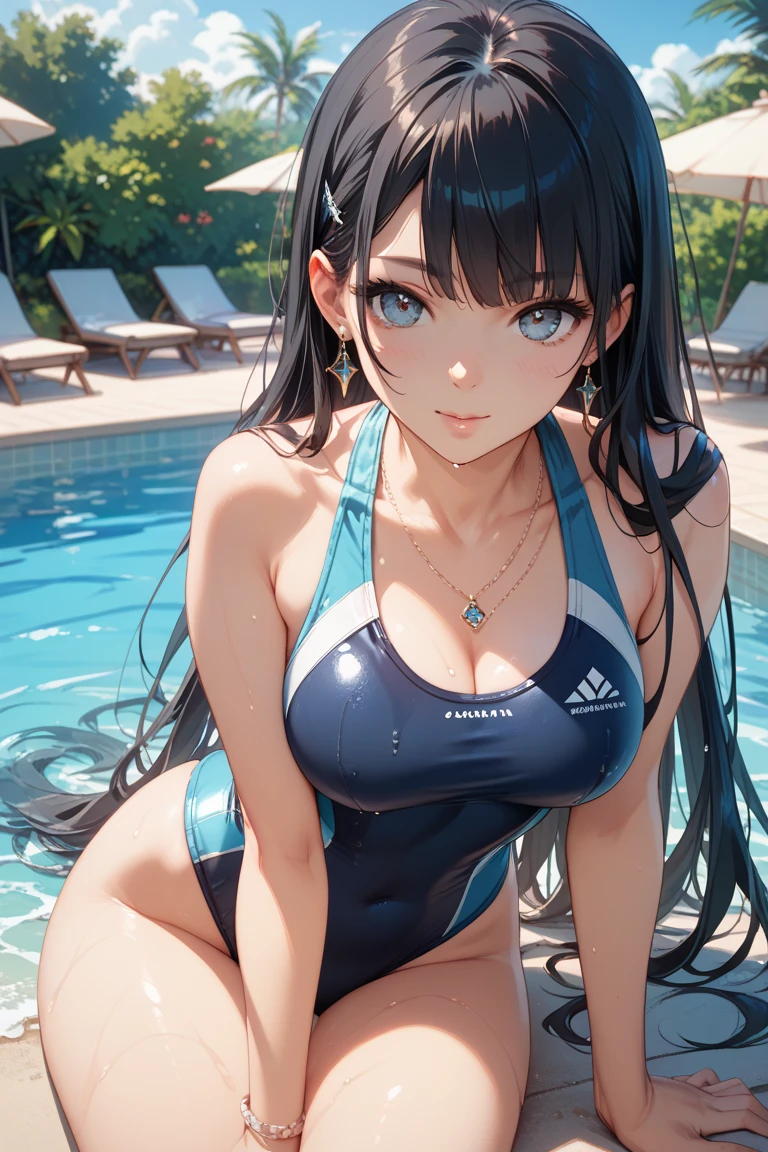 最high quality、Best image quality、masterpiece、With a girl((cute、、Best Bust、Medium Bust、Beautiful Blue Eyes、Spread your chest wide,Black Hair、thin、Highest Valley、Blue dress bikini,Show your whole body、Blue Mesh,Embarrassed face、shame、On all fours)）high quality、Beautiful art、background((night、Daylight Saving Time、Pool facilitieany people々々、Leisure facilities)),Tabletop、Exquisite design、Visual Arts、Written boundary depth、Best lighting、Highest detail、8ｋ