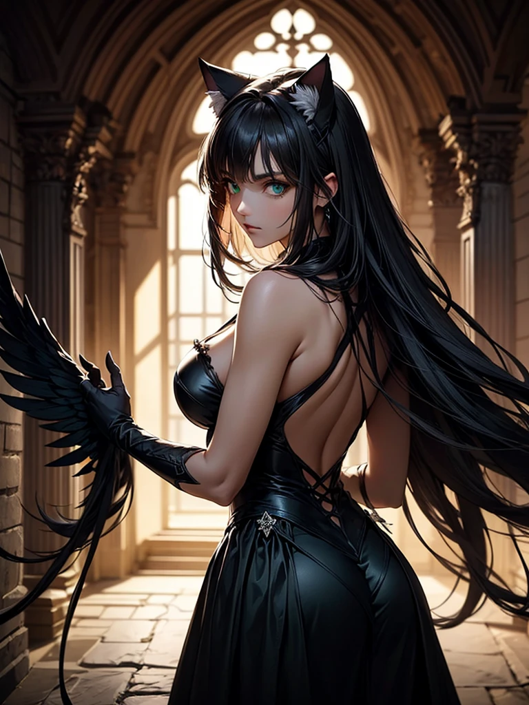 very detailed face, detailed clothing, detailed fabric, 1 woman, perfectly drawn body, huge breasts, sexy pose, beautiful face, long black hair, blue eyes, very detailed eyes, pink cheeks, shy expression,  (Shiny black tight bodysuit), black gloves, gloves covering hands, Sensual lips ,  dinner de invierno, Show details at a glance, View from the front, looking at viewer, dark road, Dark Forest, dinner, atmosphere, Fog