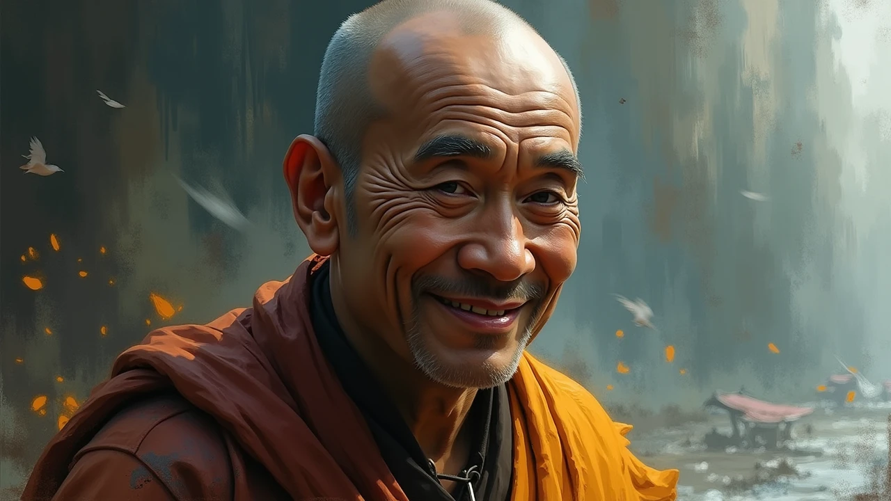 Close-up of monk’s smile, subtle and calm in chaos.