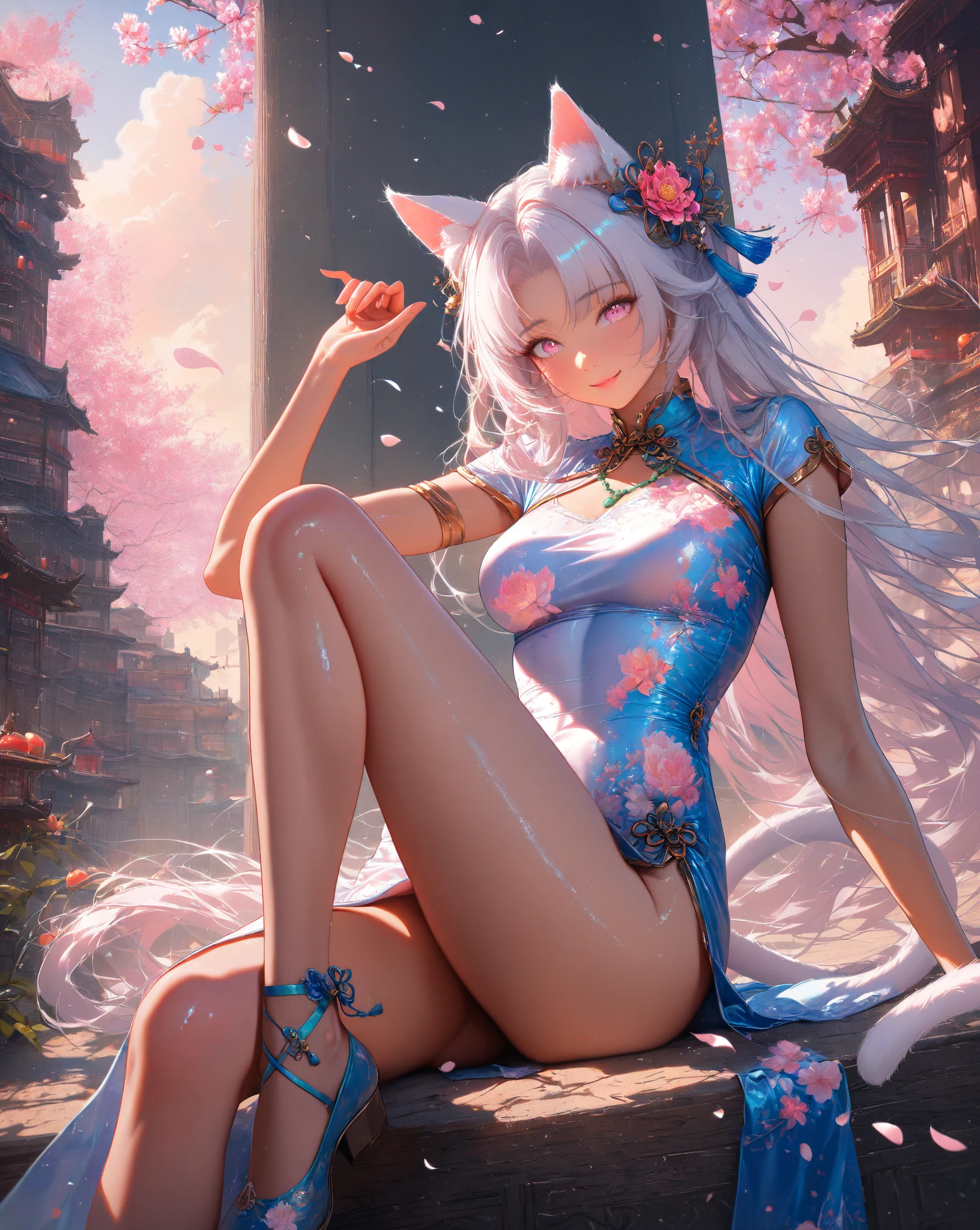 actual, , white hair, big eyes, Smile,open mouth,big breasts,glowing eyes,open lips, blush, daytime,background orc ears,Fox fairy,Kimono decoration,sexy,exposed,charming smile,Half-dressed kimono,white fox ears,White pink fox tail,high thigh slit,,Exquisite background,Mature,red background,Warm colors,red sleeves,Bright colors,white hair,Sense of lens,Lying in bed,Mature妇女