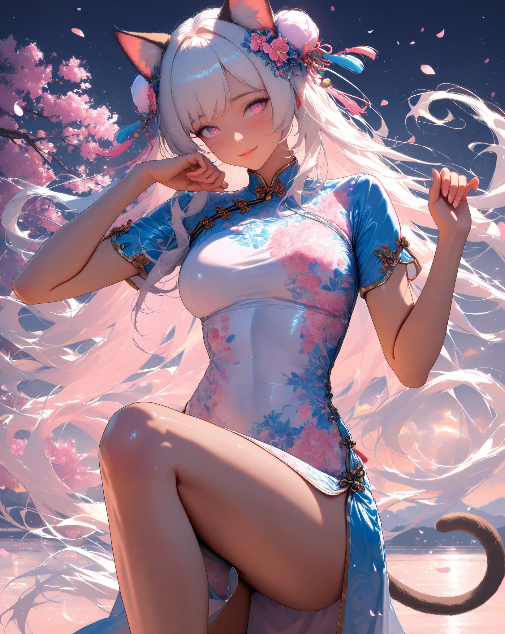 (RAW photo, best quality), (realistic, photo-realistic:1.3), best quality, highly detailed, masterpiece, ultra-detailed, illustration, 1 woman, lower body, dynamic angle, whimsical scene, anime-inspired, big round butt, platinum blonde hair flowing down her back, long skirt with a trailing tail, bent over revealing white panties with pink lace trim, hands concealed behind her, cat ears perked up on her head, pink headphones covering her ears, detailed facial features, anime-style visuals, cinematic lighting, vibrant colors.