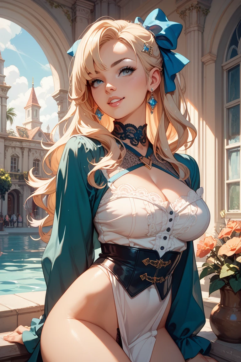 round face, eyes realistic sizing, goddess of breasts, showing off her super detailed drawing luxury panties with various pattern, (focus on breasts), ecstasy, shame, squatting, spread her legs, masturbation, ((art nouveau portrait)), braid, blond, 