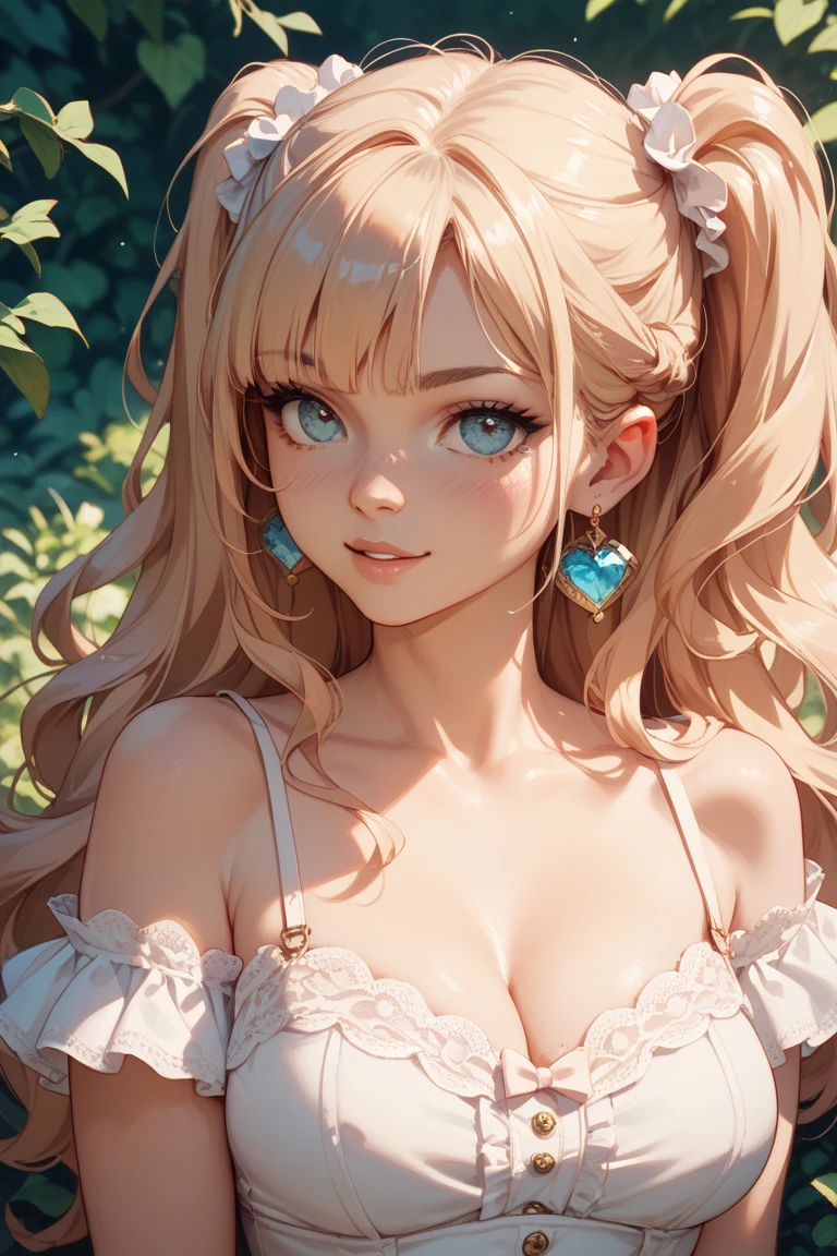 (masterpiece, best quality), 1girl, solo, face, parted lips, looking at viewer, light blush, light smile, pendant, ear piercing, long eyelashes, blonde hair, long wavy hair, high ponytail, asymmetrical bangs, green eyes, freckles, pale skin, outdoors, park, sunlight, pink scrunchie, white collared shirt, sleeveless, cleavage, small perky breasts, sexually suggestive, popochichi, marin kitagawa.