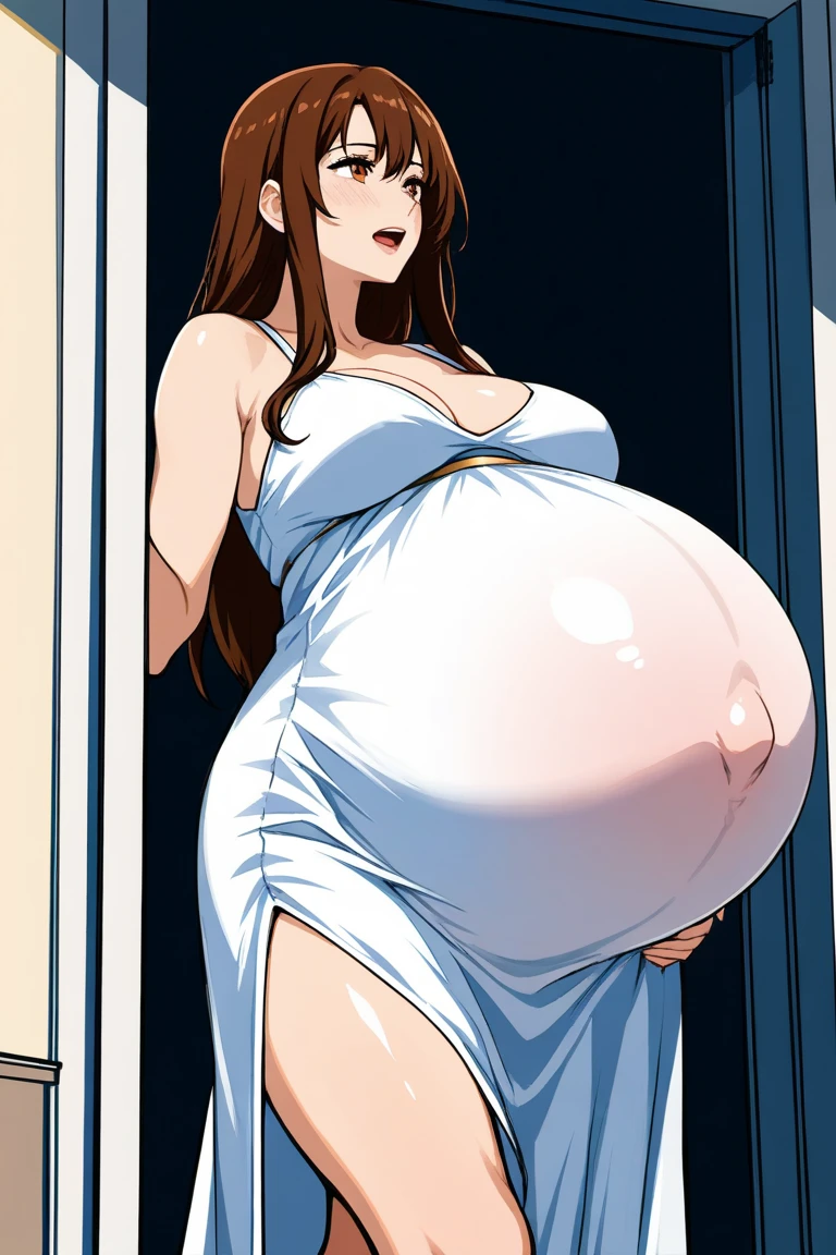 score_9, score_8_up, source_anime Bibl3, cute pregnant girl, brown hair, twin braid hair, hair ornament, hair ribbon, bridal lingerie, bridal veil, huge breasts, heavy breasts, breast expansion, full lips, vivid lips, wide hips, thick thighs, pregnant belly, huge belly, frilly lingerie, viewed from front, background(babys room, baby crib, soft toys, teddy bears), soft smile, innocent expression, belly focus, looking at viewer, raised eyebrows, detailed eyes, detailed face, pretty woman, morning