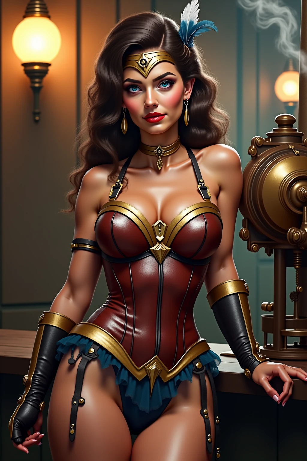 (work of art, best qualityer), details Intricate, 1 girl, GAL GADOT (standing, fully body, end to end, leaning on a wooden post:1.2) Iron collar, arms behind the back, manacles de ferro, manacles, linked, bondage outfit, to enjoy, O-Ring, bondage outfit blindfolded cover eyes, happy red cheeks, chain leash collar choker neck bell manacles wristbands bracers bracelets, Cleave gag