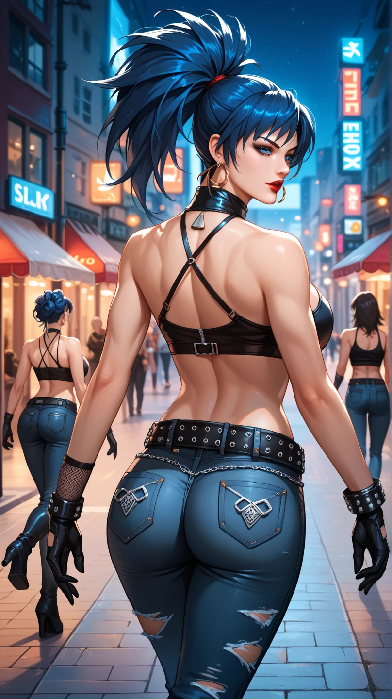 ???? leona heidern, blue eyes, cabello largo, dark blue hair, red lips,   triangle earrings, ???????????, using dogtags, Gargantilla, high neck halter crop top black, black and ripped jeans , belt with chains, long net gloves, knee length high heel rocker boots, bracelets, lingerie,  eye shadow, ???? pose, Walking with my hands in the bags, In down the street in an urban environment,  at night, close up, watching the spectator, ???????????,  highlighting the ????, lifting her hair with her hands,