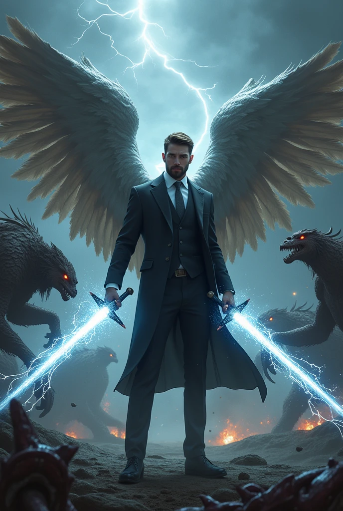 Handsome brown-haired man with short beard dressed in a black suit, white shirt and gray tie with gray wings, wielding magic swords wrapped in white magic in combat posture fighting against beasts