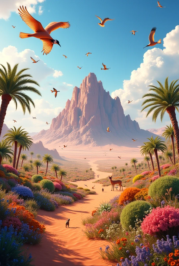 A beautiful lush desert, which has a small mountain, has a beautiful variety of birds and animals.