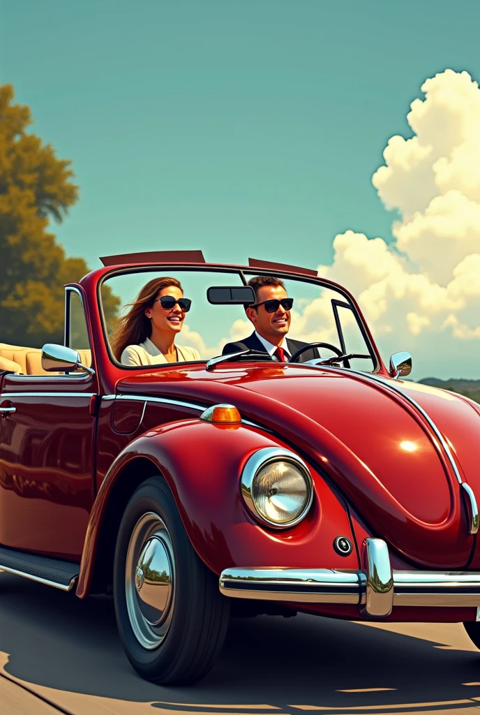 In big Red car two people set in bonot