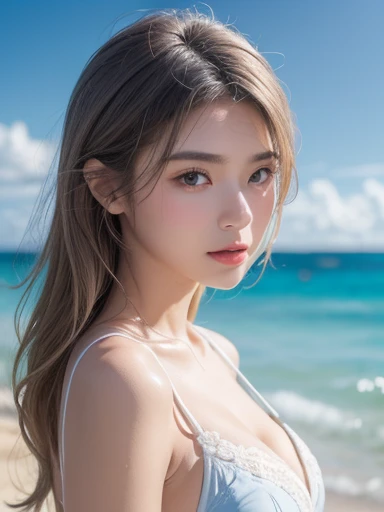 (Best quality, 4k, Masterpiece :1.3), pretty woman, 1girl, sexy :1.1, dark brown hair: 1.1, (beach, wet body :1.2), sexy white tank tops, ultra-detailed face, detailed lips, detailed eyes, double eyelid
