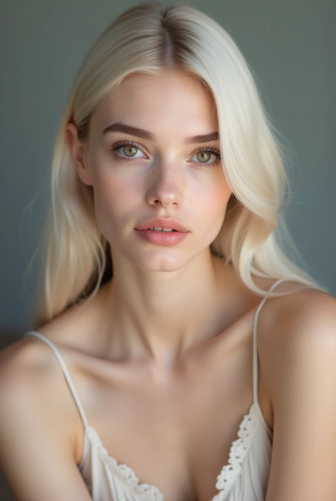 Thin blonde woman with wrinkles on her face, about 4. She has breasts beautiful blonde hair