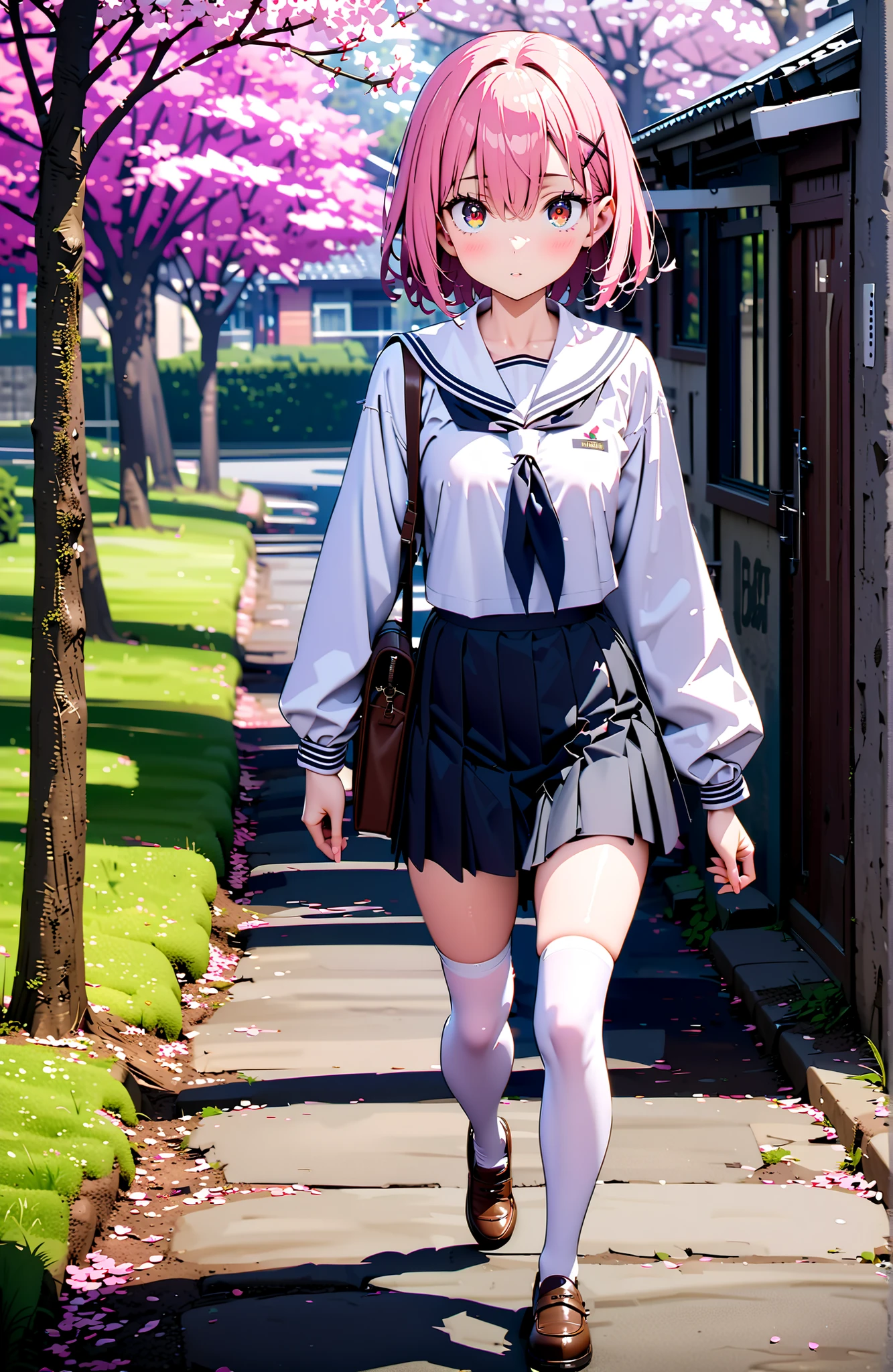 Ram, hair flower, Hair Ornament, hair on one eye, pink hair, Red Eyes, short hair, x Hair Ornament,white sailor suit,long sleeve, black mini pleated skirt ,white thigh high socks,loafers,Student bag 1 :1,cherry blossoms,is walking,morning,full bodyがイラストに入るように,break looking at viewer,full body,
break outdoors, residential area,
break (masterpiece:1.2), best quality in bronze, high resolution, Unity 8Kの壁紙, ( illustration :0.8), (beautiful detailed eyes:1.6), highly detailed face, perfect lighting, highly detailed CG, (perfect hand, perfect anatomy),