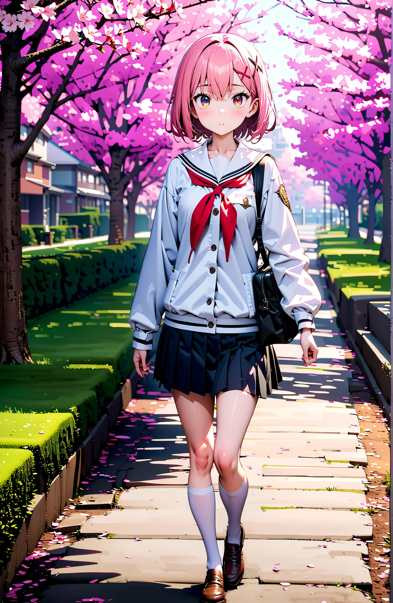 Ram, hair flower, Hair Ornament, hair on one eye, pink hair, Red Eyes, short hair, x Hair Ornament,white sailor suit,long sleeve, black mini pleated skirt ,white thigh high socks,loafers,Student bag 1 :1,cherry blossoms,is walking,morning,full bodyがイラストに入るように,break looking at viewer,full body,
break outdoors, residential area,
break (masterpiece:1.2), best quality in bronze, high resolution, Unity 8Kの壁紙, ( illustration :0.8), (beautiful detailed eyes:1.6), highly detailed face, perfect lighting, highly detailed CG, (perfect hand, perfect anatomy),