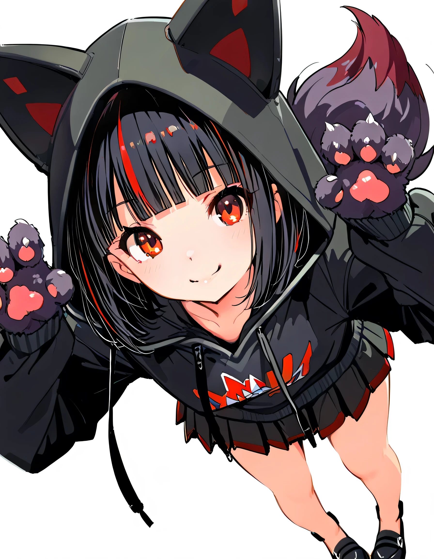 (dynamic angle,dynamic pretty paw pose),solo,leaning forward,(portrait),black streaked red frissy hair,blunt bangs, black Zorua style hoodie,hood up,mini pleats skirt,black sandal,red eyes,natyural cosmetics,cute face,smile,soft lineart,white color background,