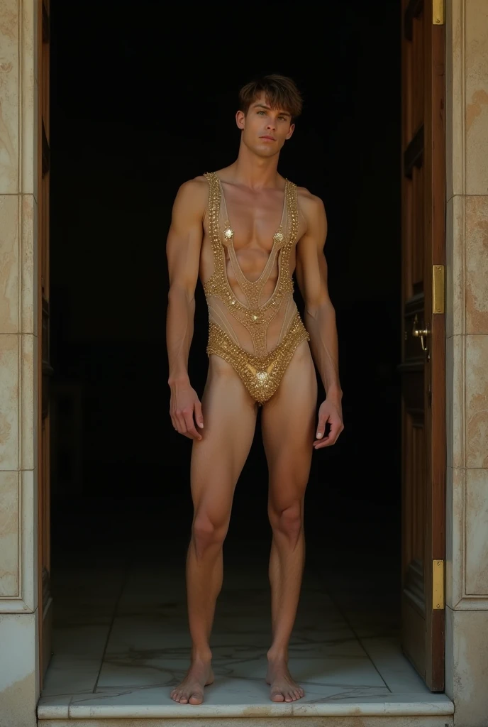 , Japanese, naked, gay, boy, whole body, penis, DARKNESS, chain, FOOT, hooray, DOUBLE both hands raised, STANDING, HANDING UPSIDE DOWN, quarter view