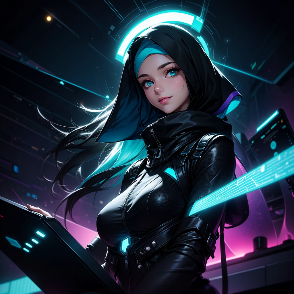A futuristic digital album cover titled 'Hari Belajar Guru', featuring a confident young woman wearing a sleek black hijab and a high-tech, geometric black outfit. She smiles subtly with a slightly playful expression, set against a vibrant cosmic-classroom background. The setting includes three or four other teachers engaged in learning activities, with neon light effects, holographic books, and floating educational icons. The background blends galaxy elements with a modern classroom, using tones of purple, blue, and teal to reflect a musical and futuristic atmosphere. Include glowing soundwave elements and soft lens flare for a musical vibe
