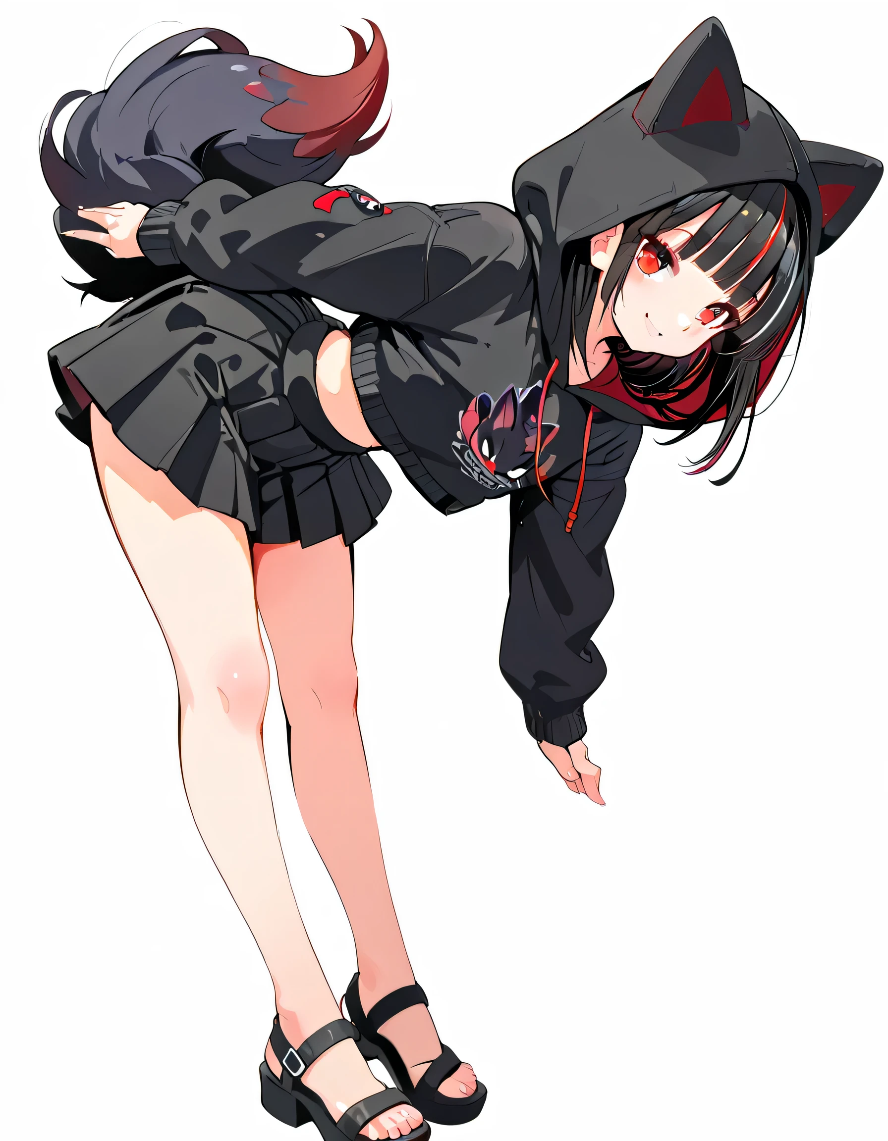 sideview,(dynamic angle,dynamic cute standing pose),solo,leaning forward,(portrait),black streaked red frissy hair,blunt bangs, black Zorua style hoodie,hood up,mini pleats skirt,black sandal,red eyes,natyural cosmetics,cute face,smile,soft lineart,white color background,