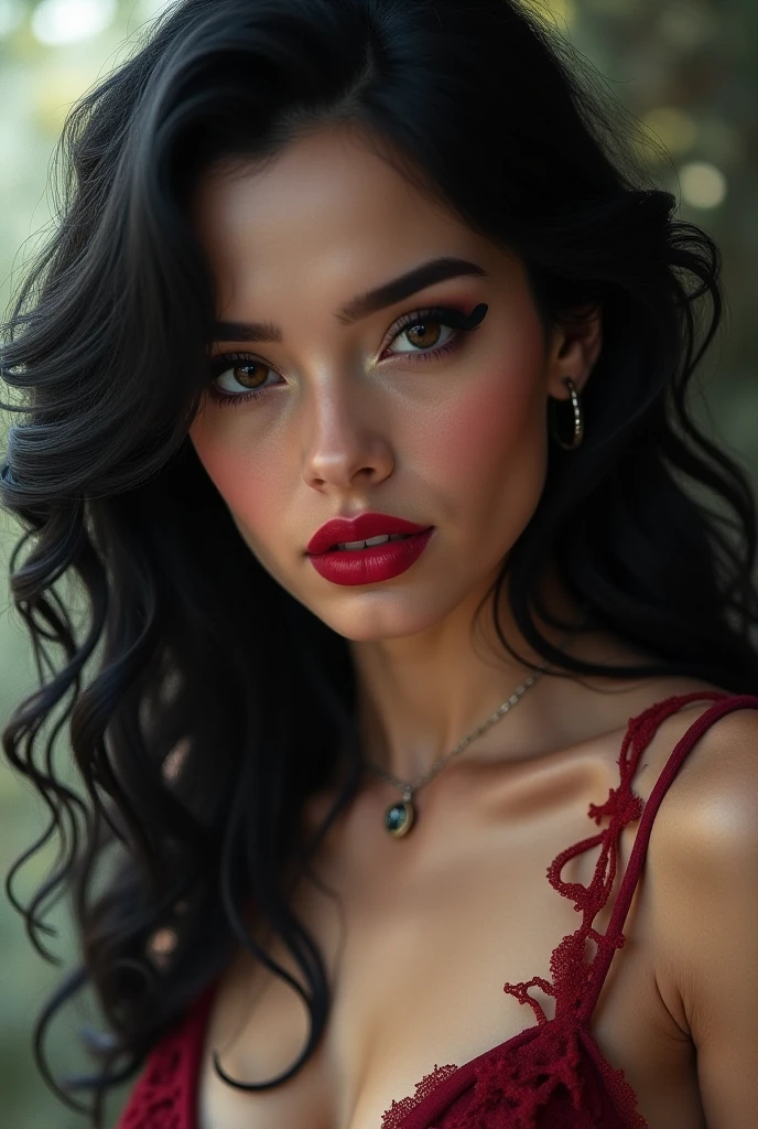 (best quality)), ((masterpiece)), (detailed), perfect face, Envision an art drawing of a female with dark black hair styled, her eyes adorned with smoky eyeshadow and dramatic eyeliner, in long red nylon split dress, seductive smile, her curves, huge breasts, slim waist, curvy figure, proportionate hips, huge breasts. Use a dimly light setting to enhance her mysterious charm. red lips, in a park, perfect hands, perfect fingers