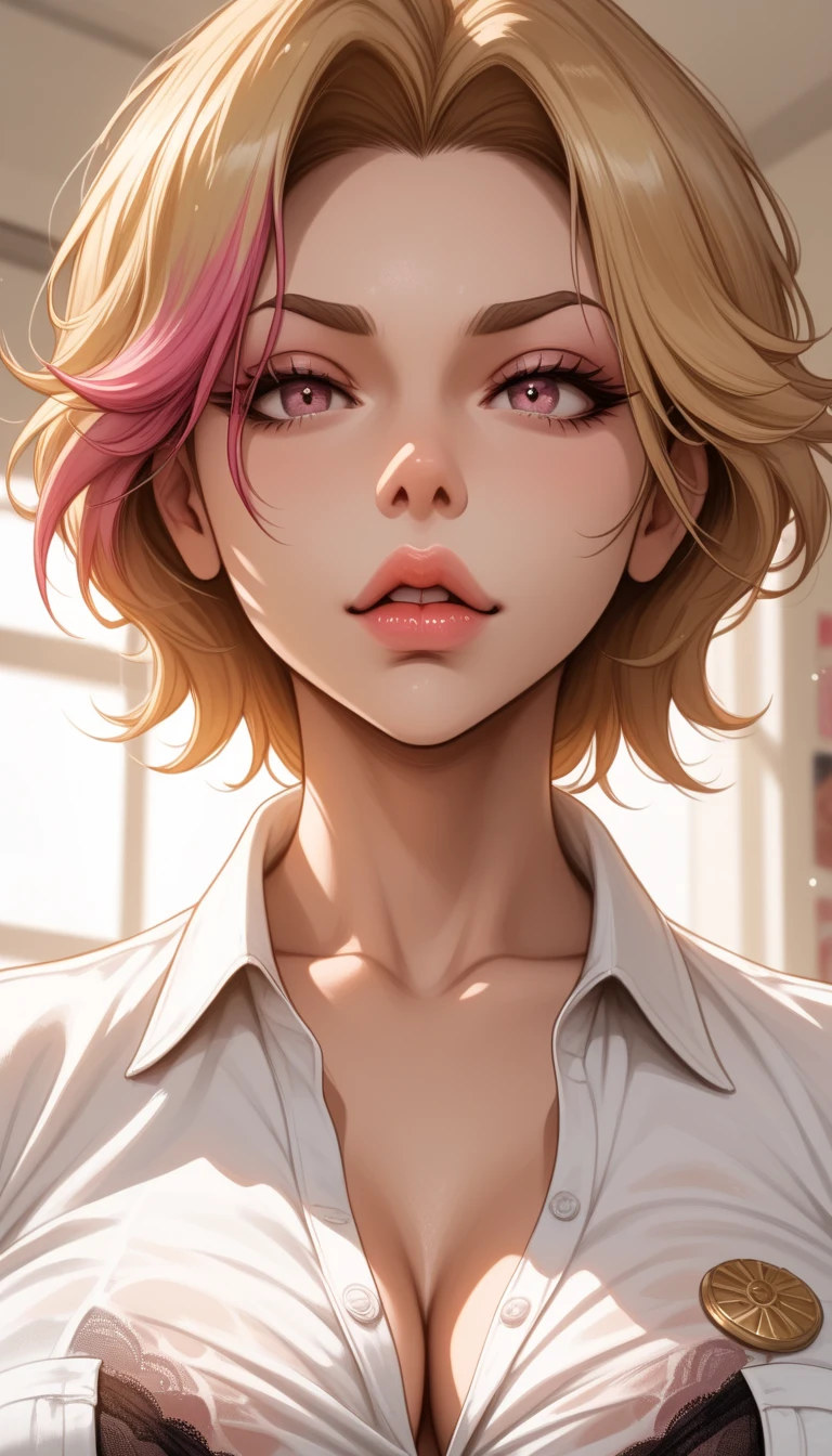 messy_convenience_store_background, overexposed_fluorescent_lighting, white_neon_glow,  cigarette_packs_blurred_background, (detailed_face:1.3), (sharp jawline), (high nose bridge:1.2),  full lips, soft skin, glowing_skin, refined_cheekbones, visible_philtrum, arched_eyebrows, 1girl, solo, bleach_blonde_hair, pink_highlights, short_hair, heavy_eye_makeup, glossy_lips, bright_pink_eyes, seductive, confident, frontal_view, upper_body, hot_pink_push_up_bra, unbuttoned_uniform_shirt, thong_straps_peeking, messy_uniform, taunting_gaze, (portrait_shot), (rim_light), (cinematic_lighting), (masterpiece:1.2), (best quality:1.2), ultra detailed, 8k, watercolor, volumetric_lighting, soft shadows, ((forced_perspective)), (Diminishing scale perspective:1.3), (lora:Yandere Queen:0.85), (lora:SDXL high detailed. LoRA_SDXL_ARW_0010:0.75), (lora:Waifu Eyes:0.5), (lora:NKxXmo's Shaded Face:0.5), (lora:NoobAI-XL Detailer:0.6), (lora:Detail Tweaker:0.65)
