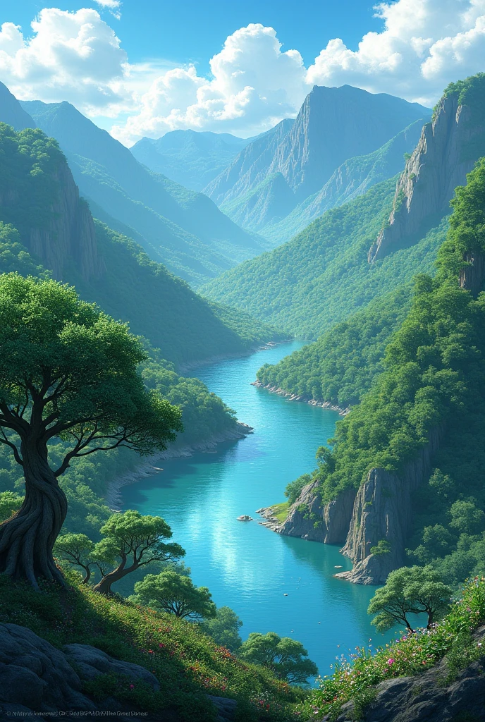 It creates an image of a very beautiful valley where two rivers cross that meet to the north, In the low mountains you can see trees such as podocarpus or cedar.