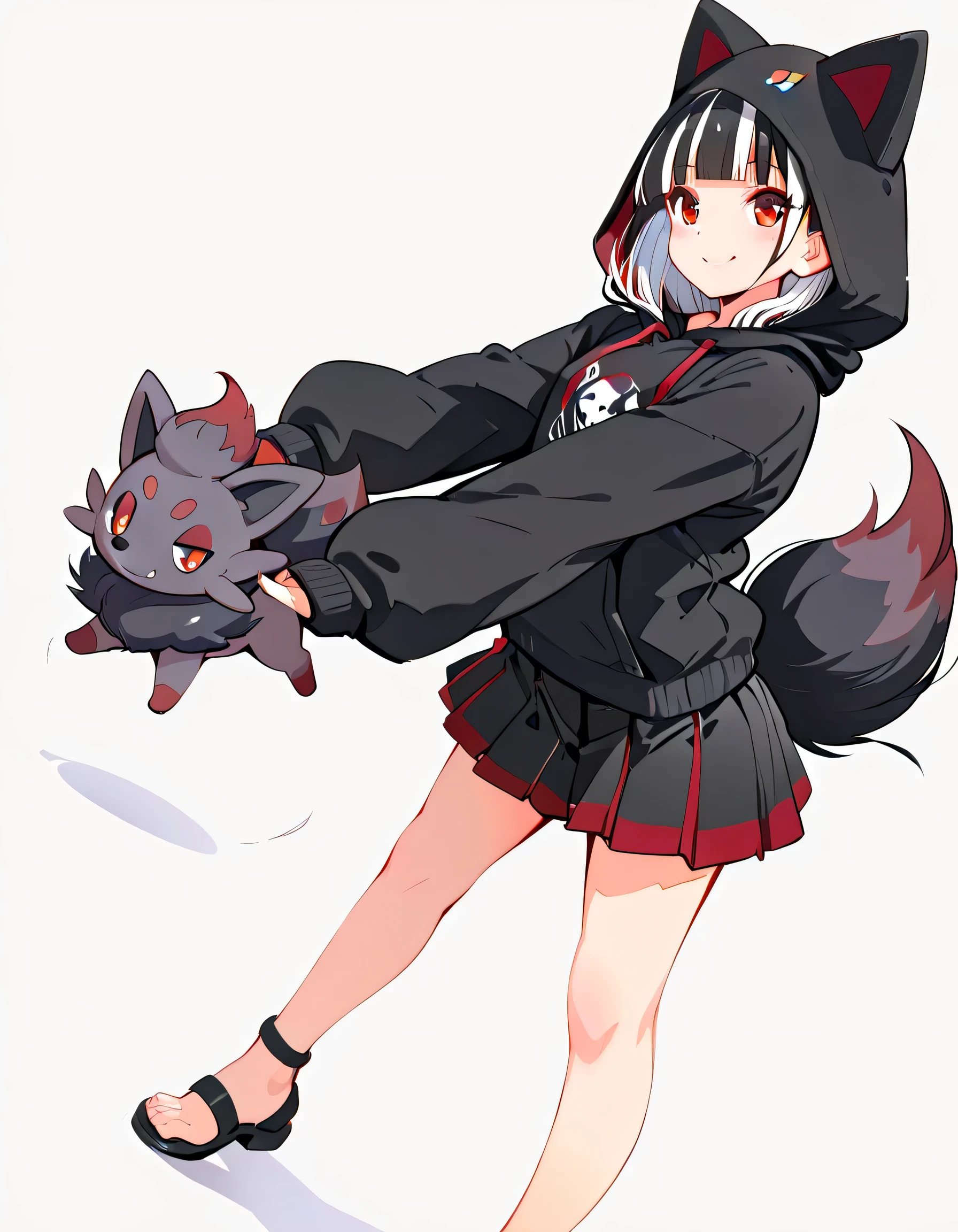 sideview,(dynamic angle,dynamic cute standing pose),solo,leaning back,(portrait),black streaked red frissy hair,blunt bangs, black Zorua style hoodie,hood up,mini pleats skirt,black sandal,red eyes,natyural cosmetics,cute face,smile,soft lineart,white color background,