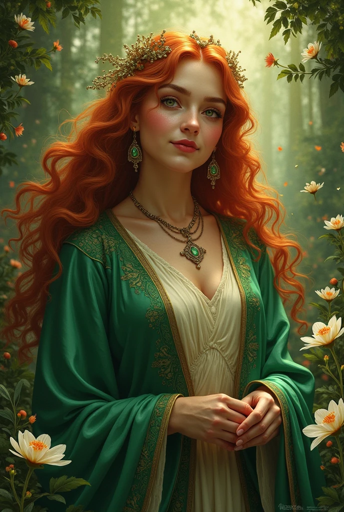 Mestra dolores, sweet woman, green robes,  red hair, flores, encantos