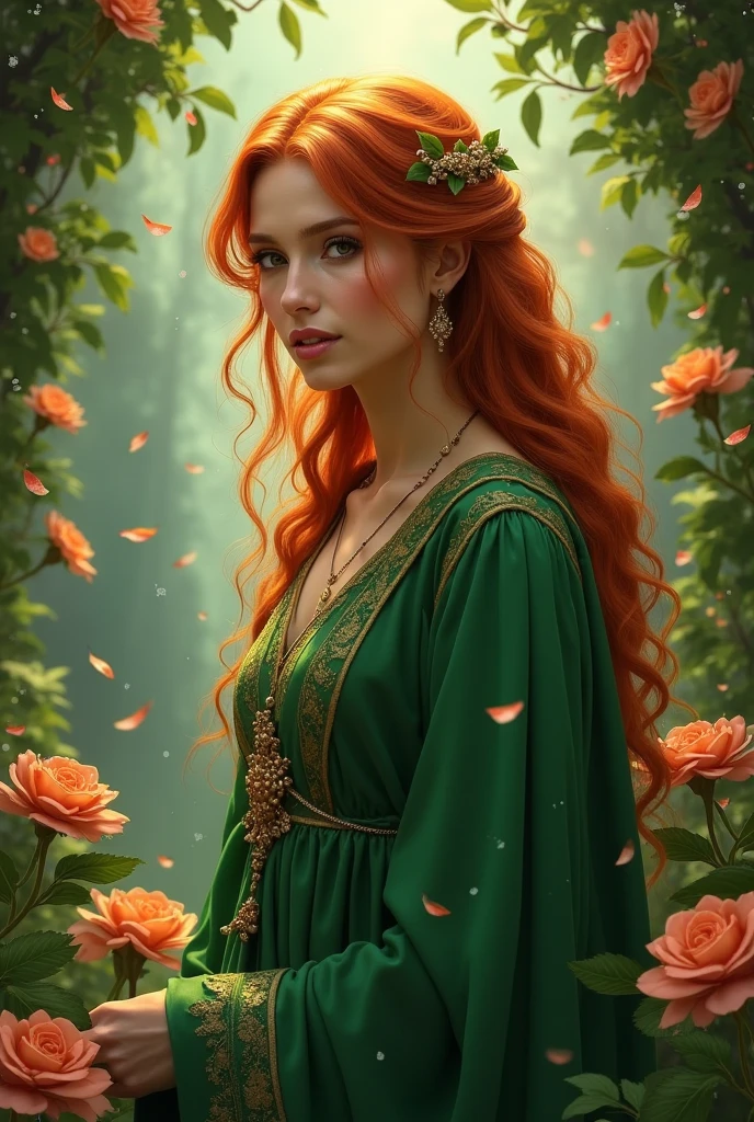 Mestra dolores, sweet woman, green robes,  red hair, flores, encantos