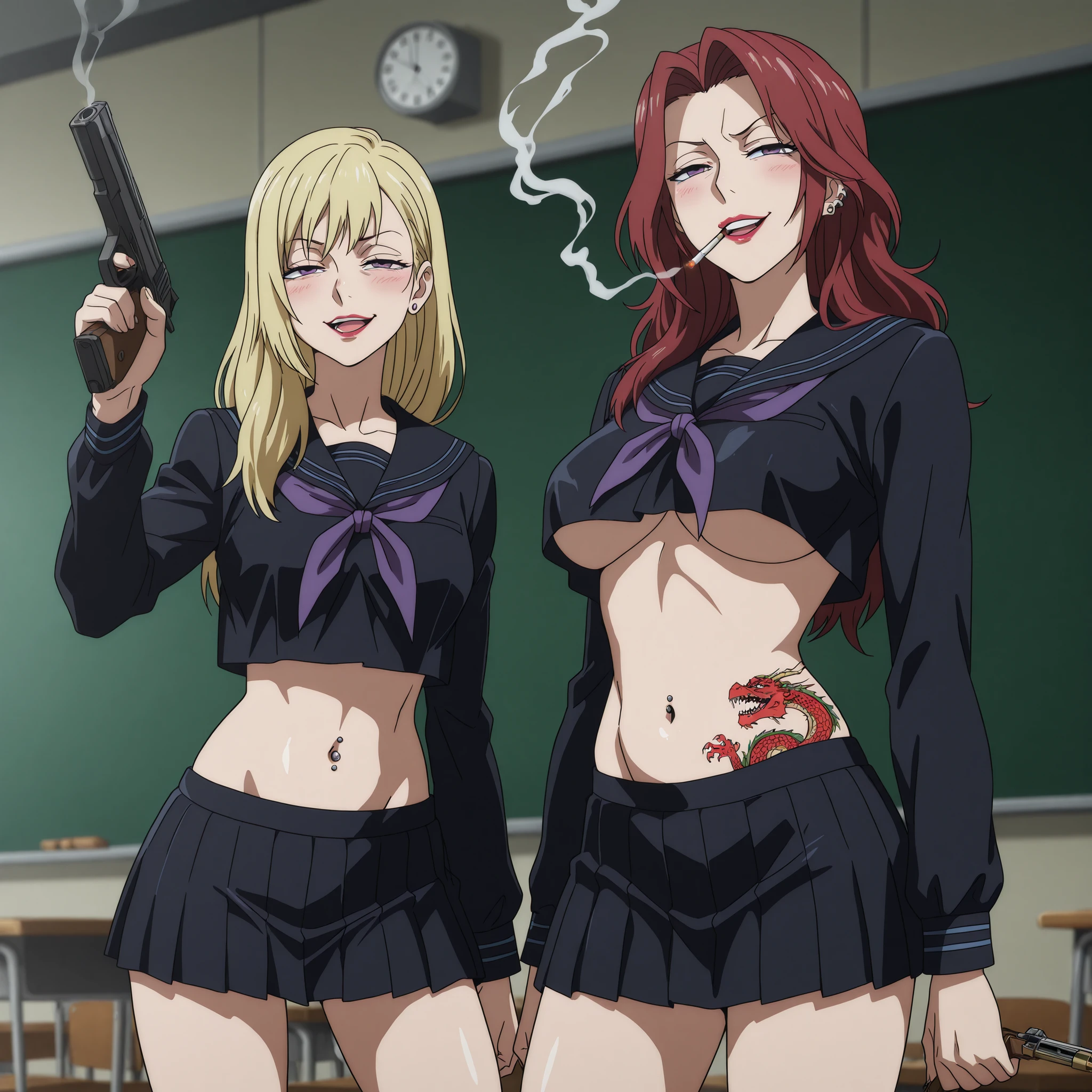 mature female , 2girls , two girls ,,, ear piercing, long hair, blush, lipstick,Hot girl, baddie, smoking, sensual, attractive ,,masterpiece, best quality, highly detailed, a girls in sailor uniforms with a gun posing for a picture, evil smile, smile, open mouth,black_serafuku, ecchi style, high school girls, holding a gun, hold a gun, micro skirt, exposed belly, exposed navel, exposed midriff, holding pistol,underboob, exposed lower belly,school, classroom, navel piercing ,, , dragon tattoo, narrowed eyes, tattoo midriff ,, smirk, medium breast, anime screencap, anime coloring, black hair , blonde hair , purple hair , red hair ,