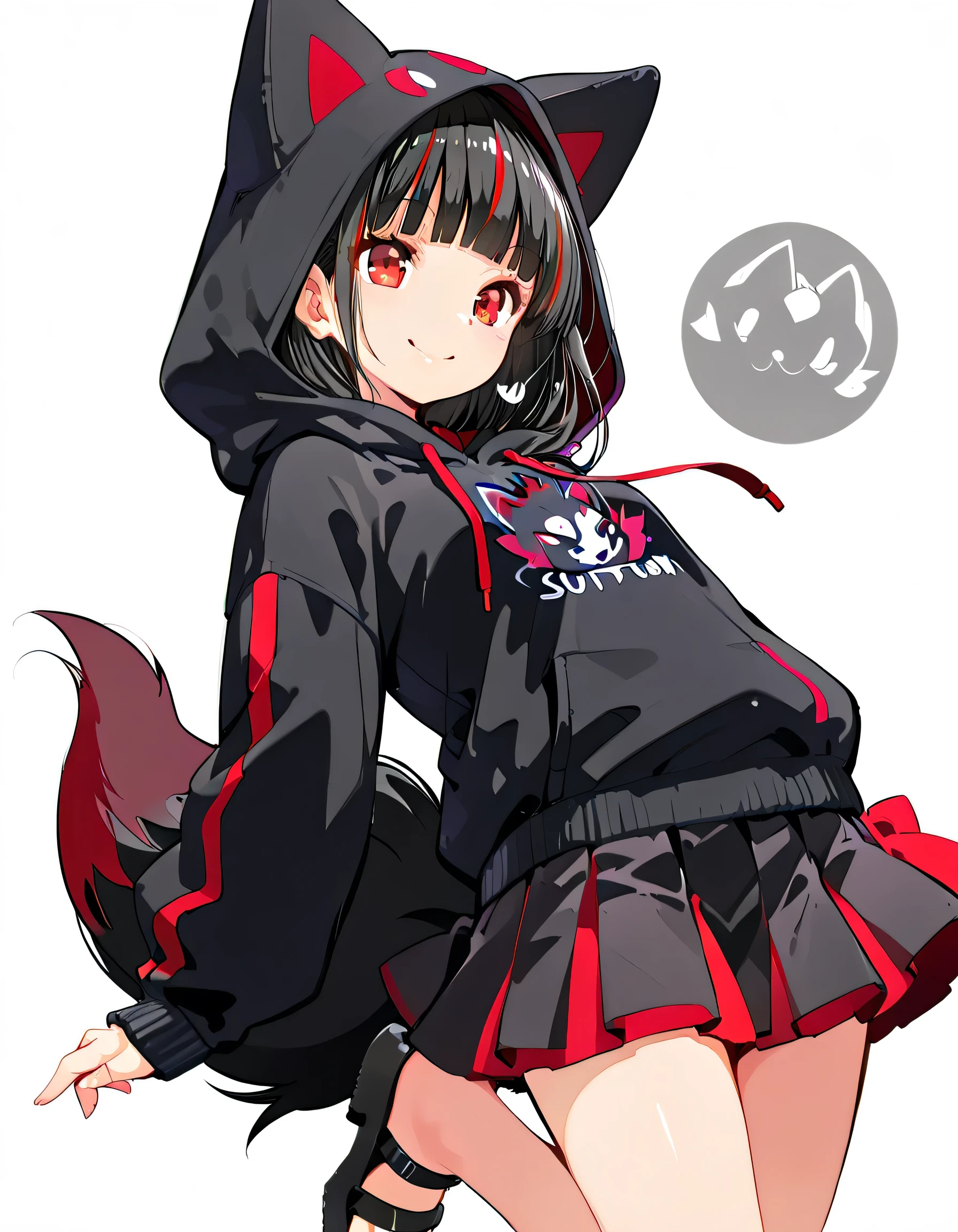 sideview,(dynamic angle,dynamic cute standing pose),solo,upperbody,leaning back,(portrait),black streaked red frissy hair,blunt bangs, black Zorua style hoodie,hood up,mini pleats skirt,black sandal,red eyes,natyural cosmetics,cute face,smile,soft lineart,white color background,