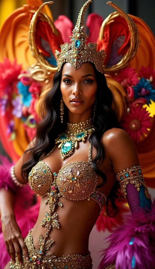 (The ultimate beautiful dark skinned woman、Plump figure) Age 25, Detailed facial features, Reddish brown hairstyle、Lip details, Big eyes with double eyelids (1.4), Full of smiles, smile、(((Stiletto heels、Very tall、The whole body is visible、A large hair ornament with many bird feathers、Confetti)))、Big and ample breasts, prominent thighs, (((big diamond earrings、Samba Carnival Costume、Gorgeous sequined outfit、Gold costumes、Costumes with lots of intricate detail、Very extreme costume、Clothes that expose a lot of skin、Micro bikini type costume)))、 Perfect Image Realism, Rio Carnival Streets、 Detailed costume, Perfect lighting, Hyperrealism,