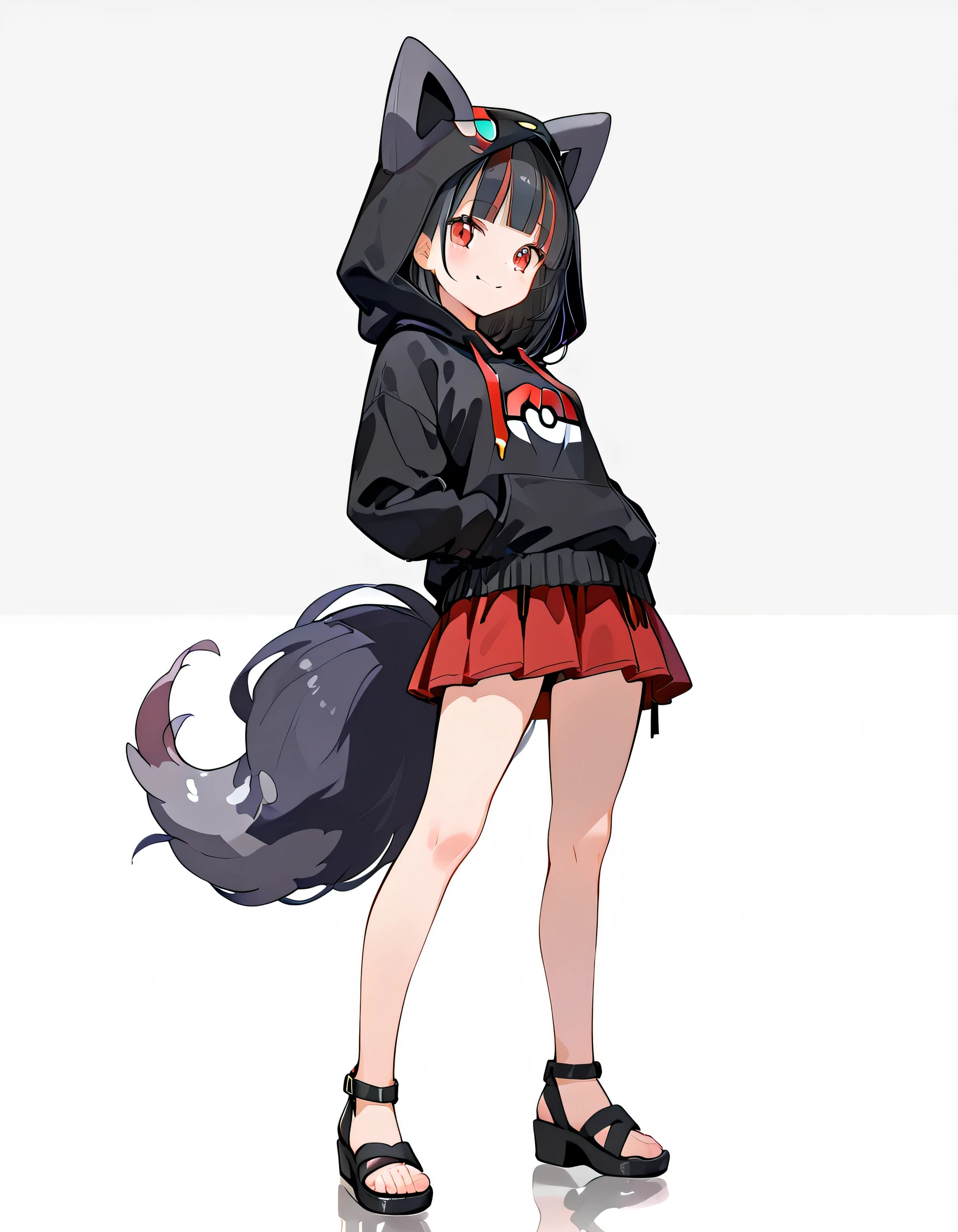 sideview,(dynamic angle,dynamic cute standing pose),solo,upperbody,leaning back,(portrait),black streaked red frissy hair,blunt bangs, black Zorua style hoodie,hood up,mini pleats skirt,black sandal,red eyes,natyural cosmetics,cute face,smile,soft lineart,white color background,(with black zorua(pokemon)),
