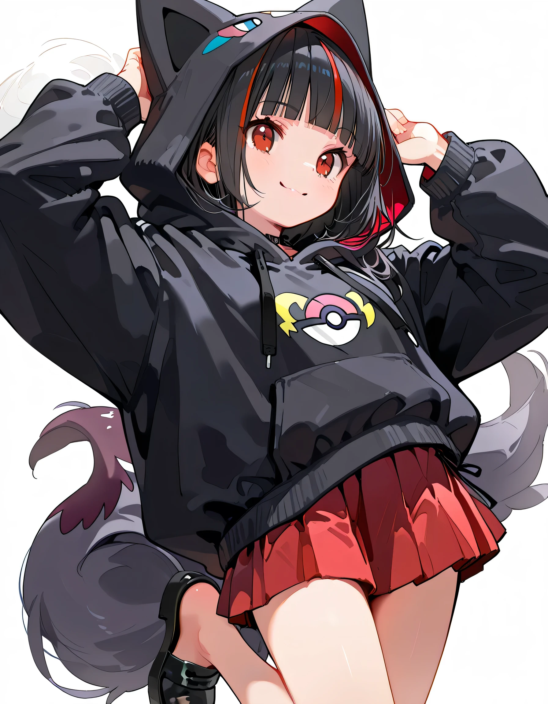 sideview,(dynamic angle,dynamic cute standing pose),solo,upperbody,leaning back,(portrait),black streaked red frissy hair,blunt bangs, black Zorua style hoodie,hood up,mini pleats skirt,black sandal,red eyes,natyural cosmetics,cute face,smile,soft lineart,white color background,(with black zorua(pokemon)),