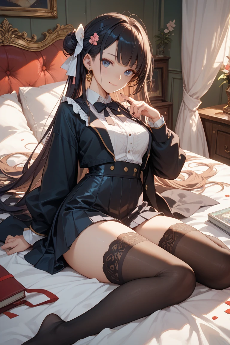 Perfect detail, Special details, highest quality,,expensive, woman,A satisfied smile 、Confident face,Overwhelming Dominance、Overwhelming power、High school queen、Elegant face、round face、View Viewer, Black Hair, Long Hair,Big belly , , Side bang, Partially exposed forehead, Dark brown eyes, Mature Body, Perfect body, Tolerant、Large Breasts,Big ass and plump body.Sweaty body,、Open your mouth、、 blush, Cleavage White Shirt, , Black Skirt.,Gold Jewelry,Gold Bracelet,Gold Collar、 Luxurious crown,, necklace, Pursing your lips、 A light smile, Drunk, expensiveディテール, Depth of written boundary, 1080p, 16k, Awards, High resolution, highest quality, masterpiece, 超High resolution, Anatomically correct, Super detailed,,Huge breasts、Realistic、Perfect bodyライン、aerial photograph、aerial photograph、cute、On the palace bed、eroticism、A large number of servants During pregnancy school uniform Big breasts overflowing from the white shirt