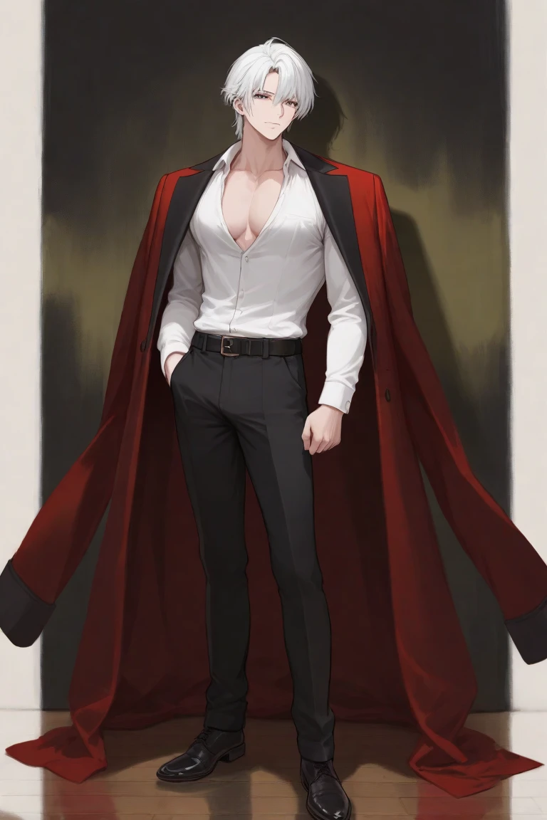 (masterpiece), best quality, seductive eyes, perfect face, handsome man, red eyes, short messy black hair, long nose, topless, long black pants, black sneakers, full body, extremely tall man, long legs, long calves, anime cover, 1boy, ear piercings, adult-like look, there's a beautiful background, bad boy
