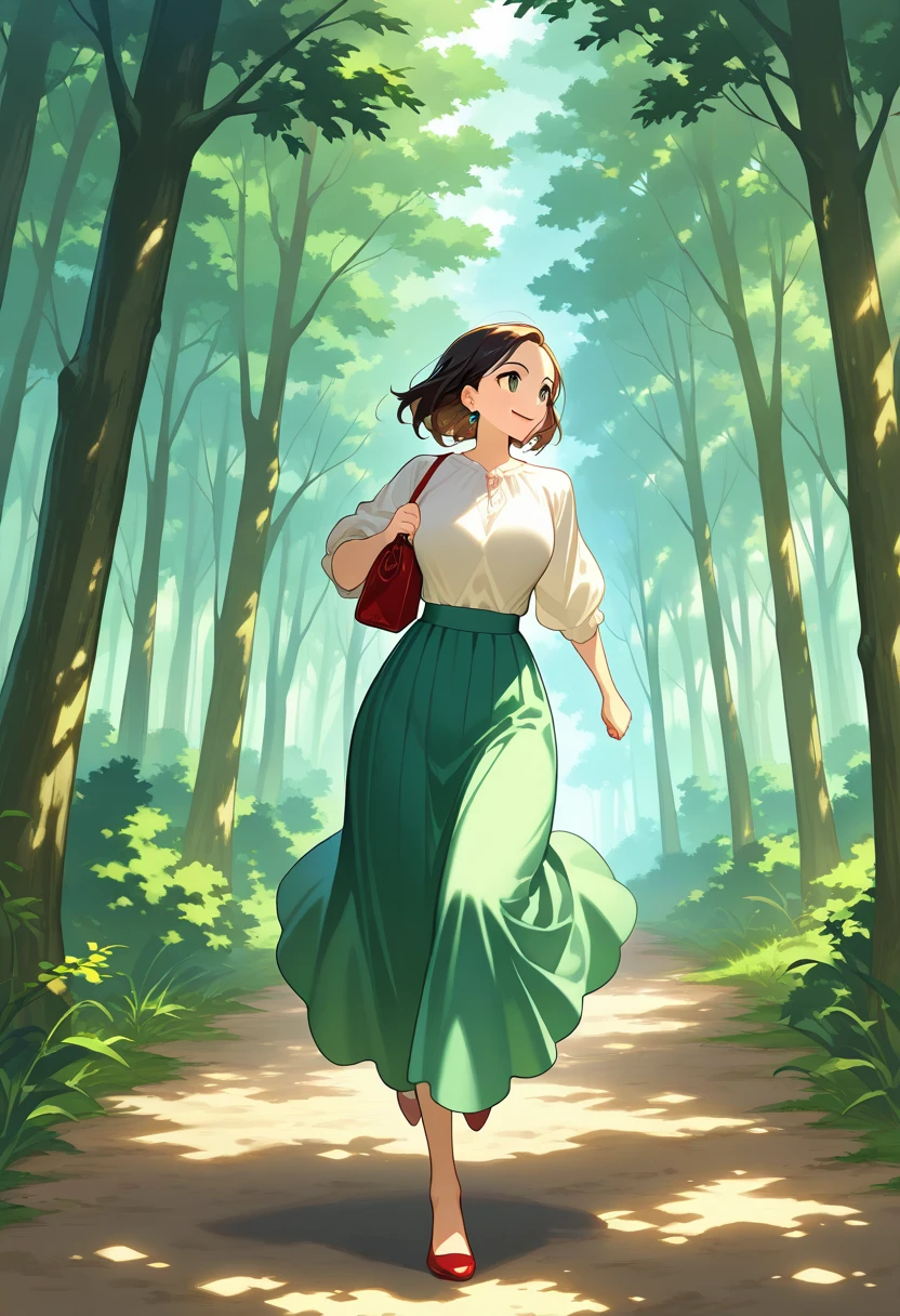 high resolution, (Official Art, beautiful and sophisticated: 1.2),  close view ,  A Vast World, girl, running, fresh smile, long skirt, Distant Horizon, forest, Natural Beauty, Inspiration, light effect  