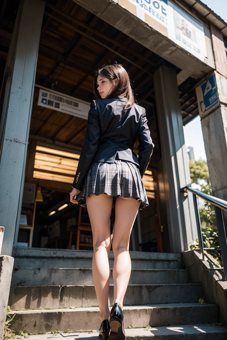 clear, high-definition image, (((she has curving body, round face))), fat a little, drooping eyes, a receptionist woman, eyes realistic sizing, black cardigan, the wind brows up her miniskirt, windy, legs, big sky, ground, dark hour of down, whole body image, angle from below, posing, sitting stone bollard, along the river, buildings, curly hair, slightly spread legs,