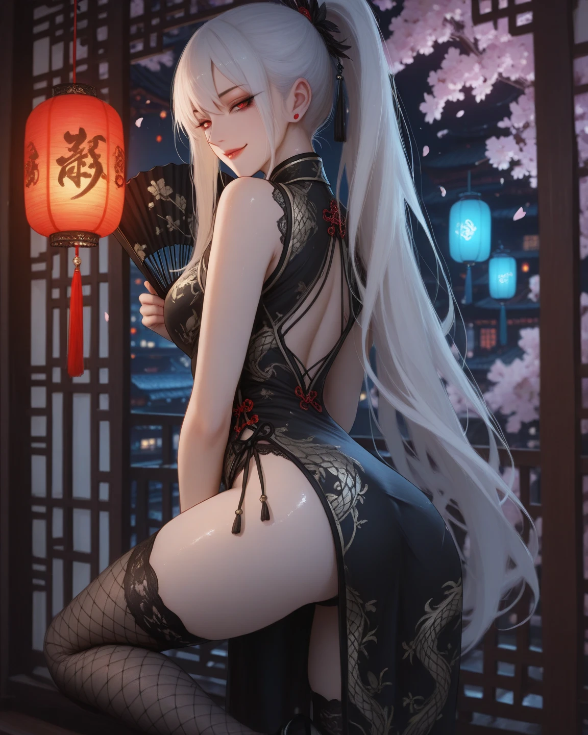 (((1 girl)),ray tracing,(dim lighting),[detailed background (bedroom)),((silver hair)),((silver hair)),(Fluffy silver hair, plump slender girl)) with high ponytail))) Avoid golden eyes in the ominous bedroom (((Girl wears intricately embroidered black high-waisted pants with pantyhose) and white ruffled bow gloves), showing a delicate slim figure and graceful curves, correct limbs