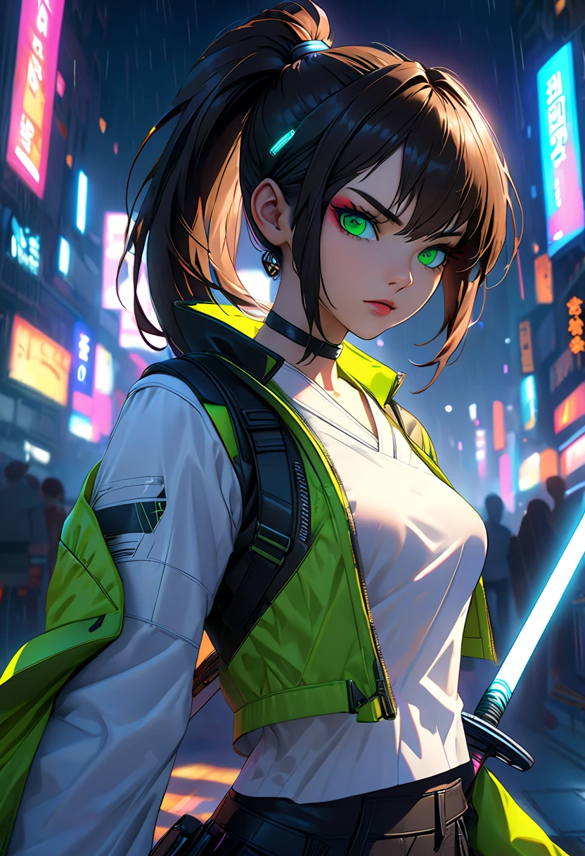 (masterpiece, top quality, 8k, sharp concentration, Depth of Field, Best Shadow,  perfect light, high resolution, realistic skin texture,  Super Detailed Backgrounds ), anime style, {{Long Angle Shot}}, ((cyberpunk theme)), solo, Female 1, She's a mercenary, (green eyes, white skin, dark hair with ponytails, choker, small ???????,  slim, makeup, eyeliner, Gross),  She works in a futuristic Korean city , Holding a technical sword with a strong grip ,  night , null, {{waning moon}},  wears a stylish tech jacket and leather pants.