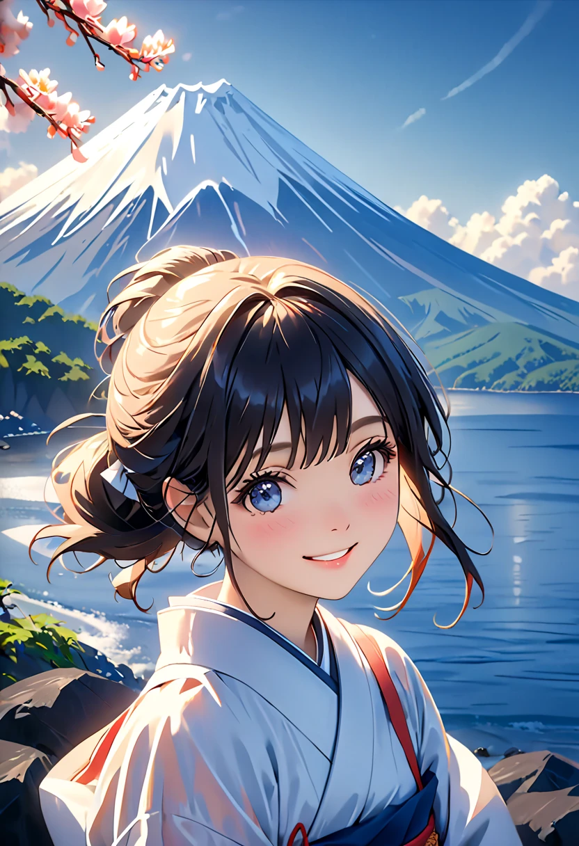 top quality, masterpiece, Ultra High Resolution, (film grain: 1.4), digital photo, bungs, Film Lighting, (The Colors of Mt. Fuji: 1.2) portrait,, 1 girl, solo, Face the audience, smile, (Face Up), Cleans pores, watches the audience, Ocean Backgrounds  (realistic: 1.2)