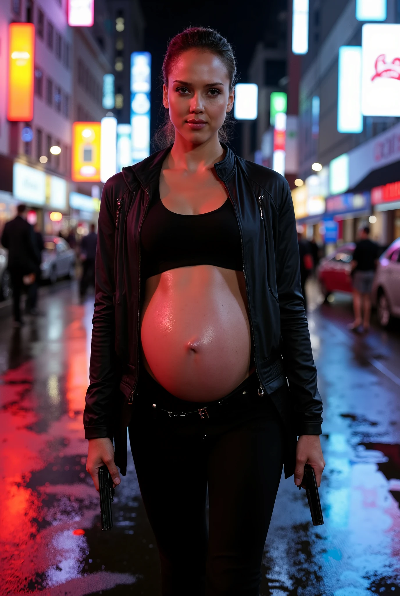 Jessica Alba, 40+ weeks pregnant, wearing sleek tactical spy gear — open black leather jacket, tight combat pants, utility belt. Her outfit is styled to reveal an extremely large, full-term pregnant belly (pregnant belly:2.0), with hyper-realistic skin detail and dramatic cinematic lighting. She stands confidently in a neon-lit city street at night, gripping pistols in both hands. Wet pavement reflects colorful city lights, creating a tense, high-stakes atmosphere. Emphasize ultra-detailed body proportions, intense expression, and realistic lighting effects.