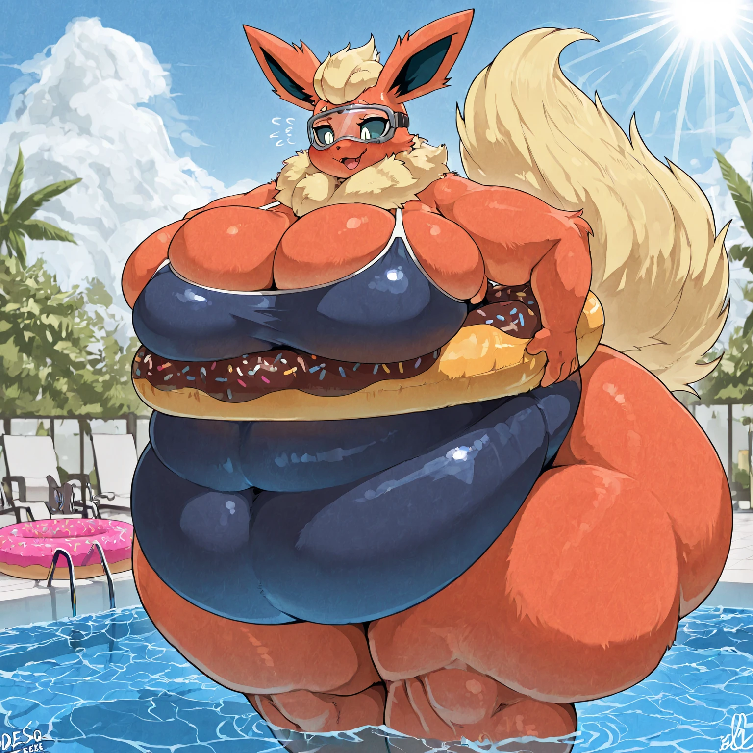 master peice,hyper quality, hyper detailed,Perfect drawing, 1 fat beautiful girl、blonde hair, Akita Inu Bikini、obese body, cute and fat face, Akita Inu ears、Akita Inu tail、Akita Inu palm、Akita Inu paws、Akita Inu fingers、sharp claws、Sharp fangs、Hunter's eyes aiming for prey、Black and blonde mesh、Sharp eyes、Height 177cm、MeasurementsB95W60H90、Kneeling、pow pause, eating a lot food, WeightObese
